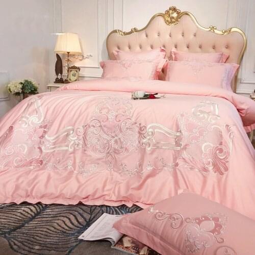Blue Pink 100S Egyptian cotton Embroidery Royal Bedding sets Queen King Wedding Duvet cover Bed sheet set Pillowcases 4pcs 6pcs