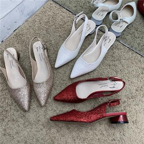 Wedding Shoes 2021 Spring Sequined Crystal Pointed Thick Heel Slingback Sandals Baotou Back Strap Valentine Sexy Low Heel Sandal