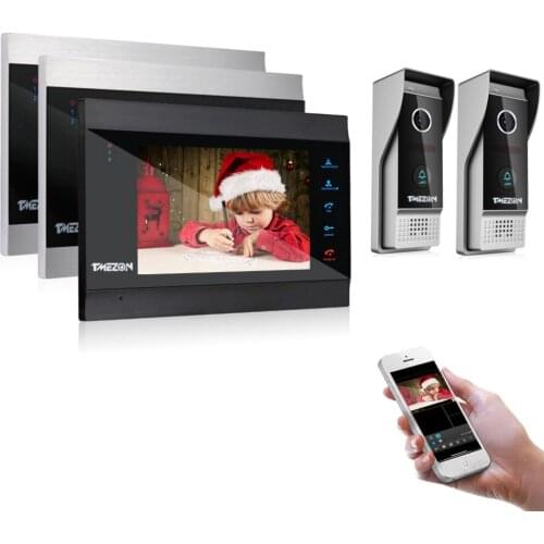 TMEZON 7 Inch Wireless/Wifi Smart IP Video Door Phone Intercom System with 3 Night Vision Monitor + 2 Rainproof Doorbell Camera