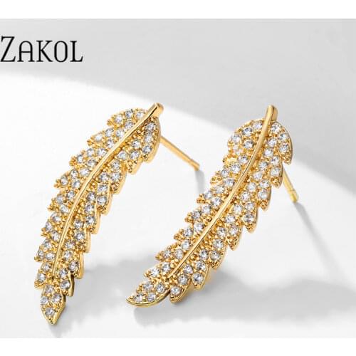ZAKOL New Zirconia Stud Earrings for Women Delicate Feather & Leaf Shaped Gold-Colour Party Daily Gift Fashion Jewelry