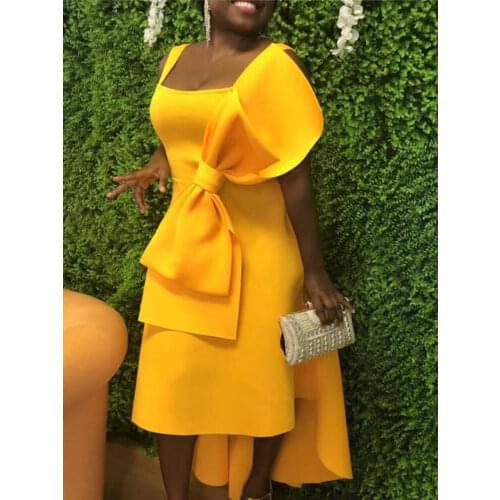 Yellow Stylish Occassion Dresses Big Bow tie High Low Flare Pleated Party Celebrate Event Ladies Robe Dated Night Dinner Dresses