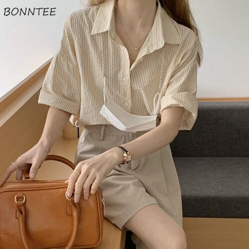 Shirts Women Striped Loose BF Turn Down Collar Office Lady Drop-shoulder Lazy Simple Korean Style All-match Casual Vintage Mujer