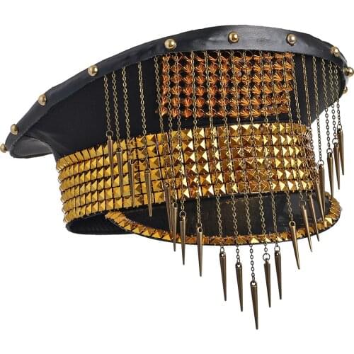 Punk Military Cap Hat Women Black Steampunk Pride Captain Gold Rivet Club Chain Veil Head Wear
