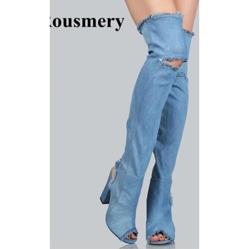 High Quality Women Fashion Open Toe Over Knee Thick Heel Denim Boots Cut-out Long Square High Heel Boots Fashion Dress Shoes