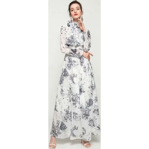 Dresses for women 2021Hand Painted print Draw back Thin Long sleeve Long Flowy fairy floral dress Evening dress gray dress women