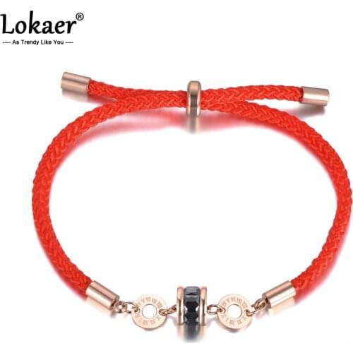 Lokaer Classic Stainless Steel White & Black CZ Crystal Roman Number Charm Bracelets For Women Red Rope Bracelet Jewelry B19010
