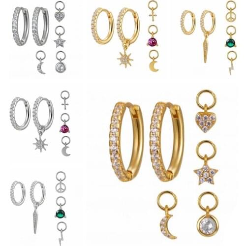 Aide 925 Sterling Silver White Zircon Mosaic Hoop Earrings With Moon Star Heart Pendant Accessories For Women Party Fine Jewelry