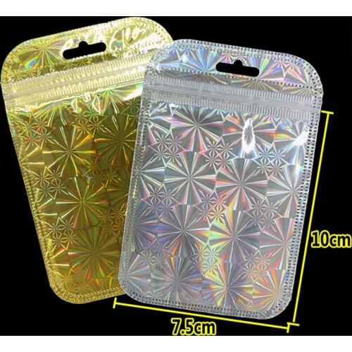 300pcs/lot Laser gold/silver aluminum foil bag self sealing plastic jewelry data line storage bags zip lock baggies package