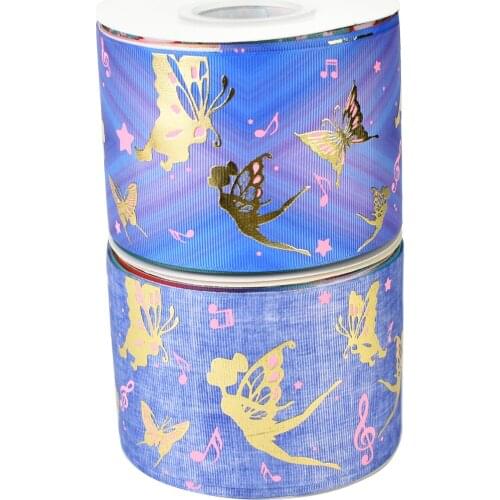 50yards 75mm Gold Foil Fairy Butterfly Denim Grosgrain Ribbon For DIY Accessories Welcome Custom designs