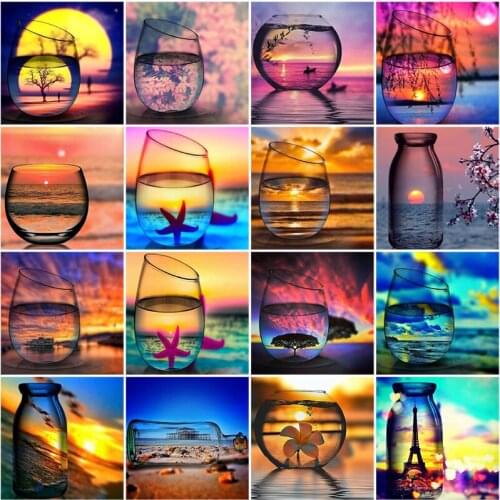 Diy 5D Diamond Painting Full Round Drill Glass Bottle Scenery Diamond Embroidery Sunset Landscape Cross Stitch Mosaic Art Gift
