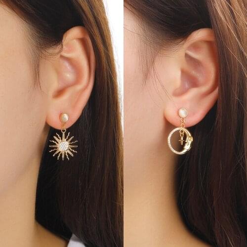 Asymmetric Sun and Moon Earrings 2021 Trend Women Jewelry Mini Star Crescent Drop Earrings For Women Boho Jewelry Birthday Gift