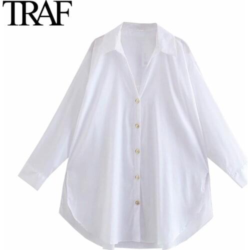 Traf Za Women Fashion White Shirt Oversize Loose Long Sleeve Blouses Button Up Office Ladies Tops Mujer