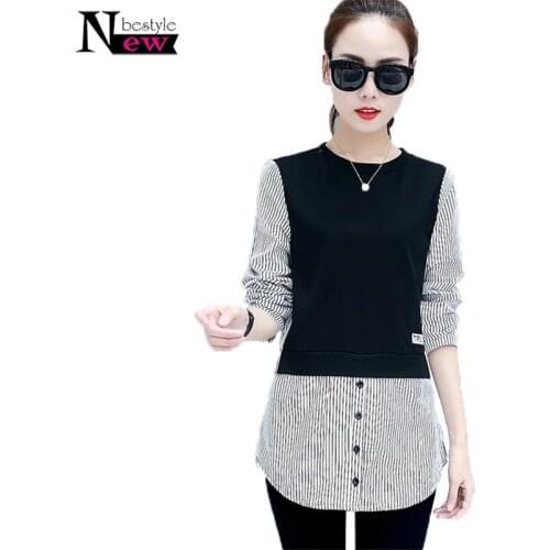 Women Blouses Shirt Casual Lady Tops Female Long Sleeve Casual Striped Patchwork Fake Two Pieces Shirt Women Blouses Loose Shirt