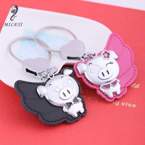 MILESI Angel Wing Flying Pig Keychain Genuine Leather Keychains Cute Pig Key Chain Leather Key Ring Couple Keychain K0299