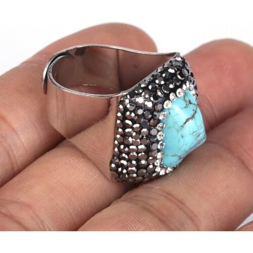 Big Raw Blue Turquoises Howlite Stone Bead Pave Black White Rhinestone Charm Silver Color Wrap Big Size Adjustable Ring Cuff