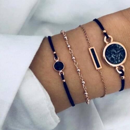 Docona 4Pcs/Set Multilayer Black Round Marble Charm Bracelets Set for Women Bohemian Rope Adjustable Chains Bracelets Jewelry