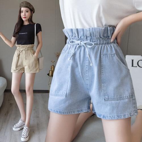 Denim shorts womens high waist 2021 summer new Korean version loose and thin elastic waist A line wide leg pants student trend