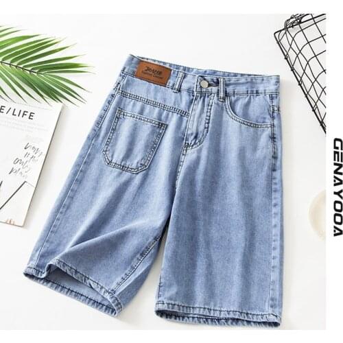 Genayooa Streetwear Korean Style Biker Short Jeans 2021 Summer Cool Pocket Light Blue Denim Shorts High Waist Short Femme