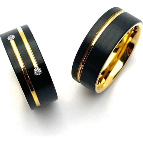 Customize Tungsten Carbide Wedding Rings for Couples Offset CZ Ring for Women 8mm Black Gold Plated for Men Ring