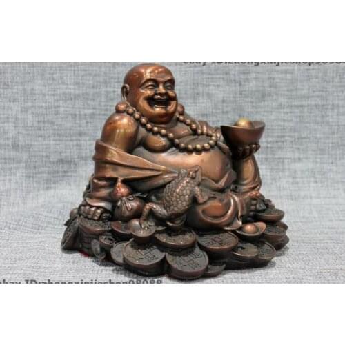 Chinese feng shui red Bronze Toad Lucky Wealth Maitreya Buddha Rohan Statue
