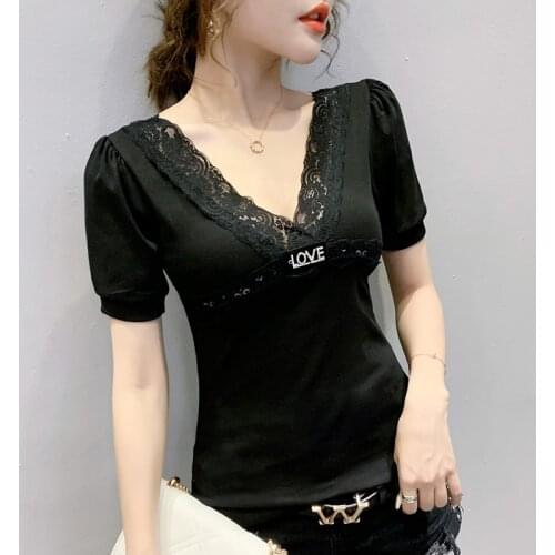 Summer Casual stripe T-shirt Fashion Lace stitching Short sleeve V-neck Top Women T Shirt Plus Size