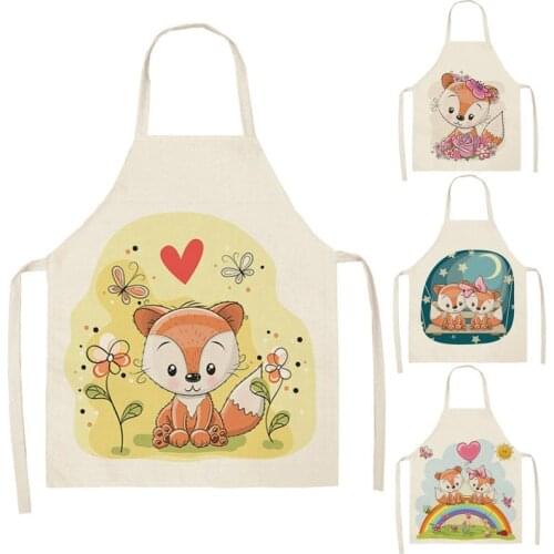 Linen Apron Nordic Cute Fox Aprons Unisex Dinner Party Cooking Bib Funny Pinafore Cleaning Apron WQ99