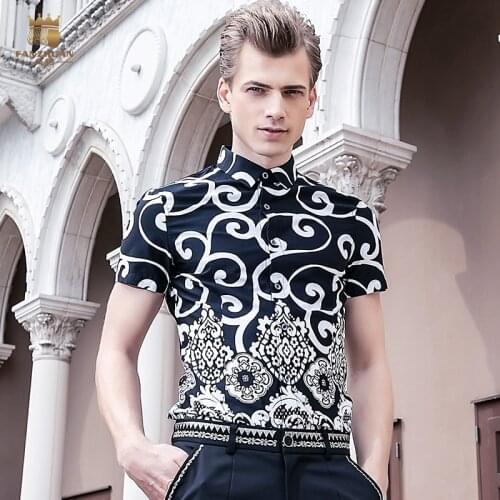 FanZhuan brand Free shipping New male mens Summer casual short sleeved shirt slim volume grass grain black white printing 612051