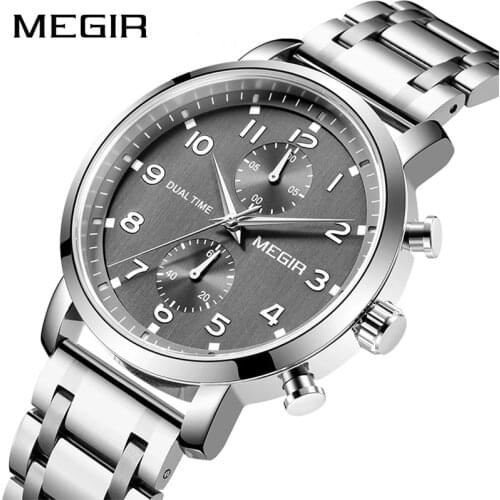 MEGIR Stainless Steel Quartz Wrist Watches Man Grey Dial Waterproof Chronograph Business Watch Men Clock Relogio Masculino 2160