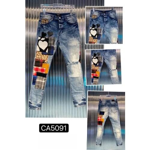 New Stitching Zipper Hole Slim Jeans High Street Mens Jeans light blue Retro Denim Pants Trendy Slim-fit Small-footed Trousers