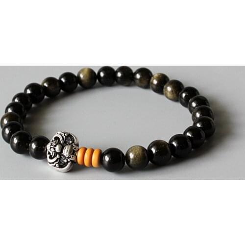 Wholesale Golden Obsidian Beads Stretch Bracelet With Antique Copper Chinese Ethnic Lucky Charms Artisan Crafted Jewelry For Men