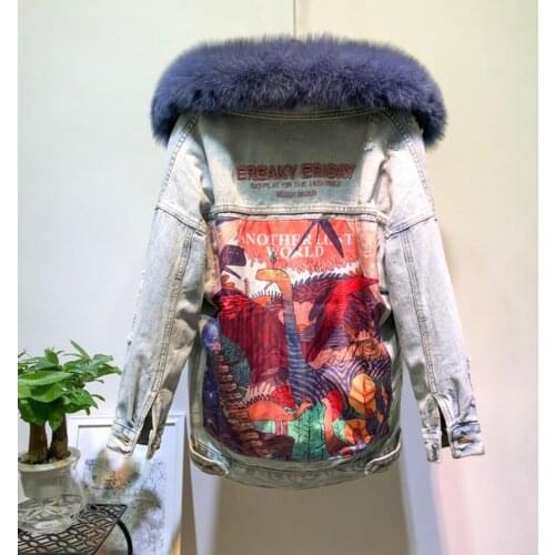 Real Fox fur thicker warm denim parkas jacket female winter fashion real rabbit fur liner detachable fur padded warm jacket F460