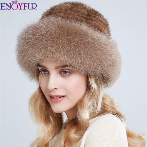 ENJOYFUR Real womens winter fur hats hand sewn knitted natural mink fur with fox fur cap thick warm female russian buckets hats