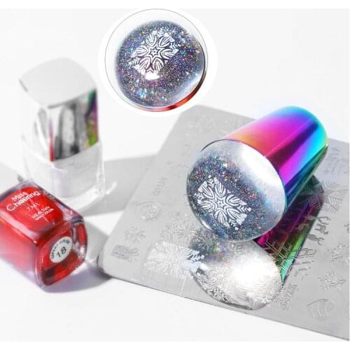 1pc Nail Stamper 4CM Jelly Silicone Head Holographic Nail stamper Rainbow Handle Stamper Set With Scraper Nails Stamping Stamper