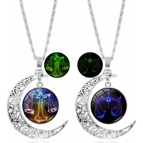 Luminous 12 Constellation Necklace Zodiac Signs Cabochon Glass Crescent Moon Pendant Glowing Necklace Birthday Gifts for Women