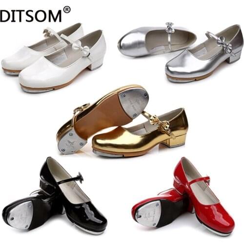 Child Slide Buckle with Bow Tap Shoes Shiny Patent Leather Non-skid Rubber Pad Tap Dance Shoes For Girls Women size 23 -42
