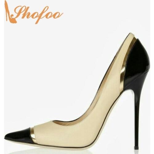Patchwork Beige Pointed Toe Stilettos Pumps Woman Super High Thin Heels Slip On Large Size 33 39 Ladies Office Shoes Mature 2019