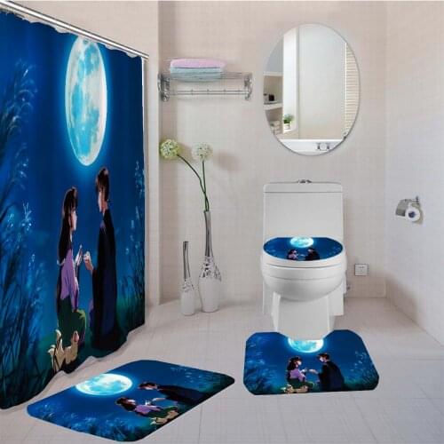 Inuyasha Pattern Bath Curtain Set Waterproof Anime Shower Curtain Toilet Lid Cover Bath Rugs Japan Anime Bathroom Set Decor