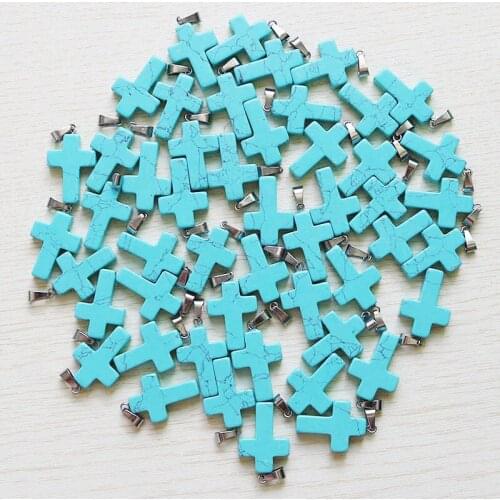 High Quality Blue Turquoises Stone Cross Beads Charms Pendants For DIY Necklace Jewelry Making Wholesale 30Pcs/Lot Free Shipping