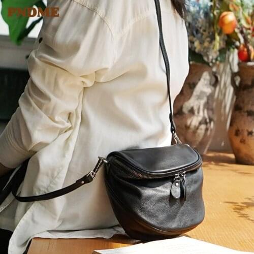 PNDME fashion genuine leather ladies small shoulder messenger bag casual natural soft cowhide womens weekend party saddle bag