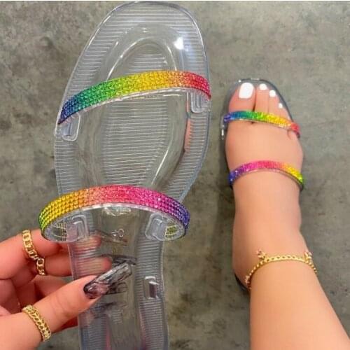 2021 Summer Hot Women Sandals Crystal Laces Colored Diamonds Slippers Outdoor All-match Beach PVC Home Clear Slides Shoes
