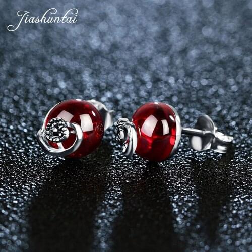 JIASHUNTAI Vintage Garnet Sapphire Ruby Gemstones 100% 925 Sterling Silver Stud Earrings For Women Retro Fine Jewelry
