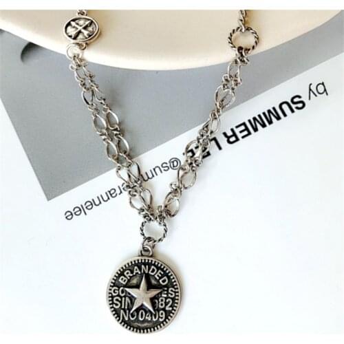 Free Shipping Korean Fashion Round Letters Pendant Necklaces 925 Silver Women Lady Wholesale Unusual Decorations Vintage Star