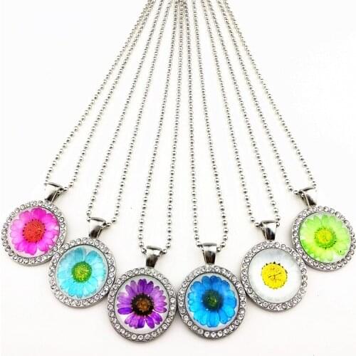 24pcs Colorful chrysanthemums, daisies Pendant Mandala Flower necklace for women girl Buddhist cultural Jewellery wholesale