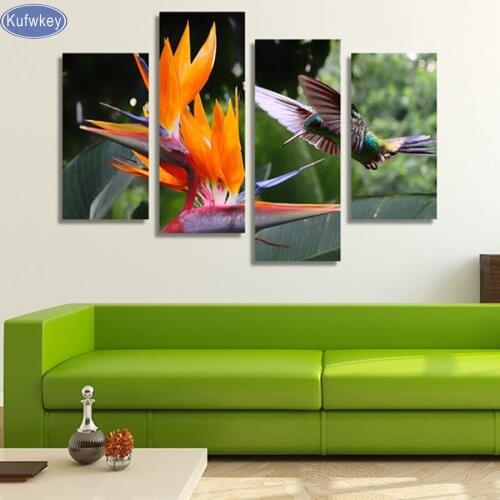 4pcs/set,Flying Hummingbird,Flower,Home Decoration 5D DIY Diamond Painting Resin Square Drill,full square Diamond Embroidery