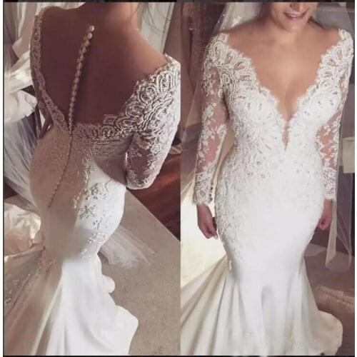 ANGELSBRIDEP Long Sleeves Mermaid Wedding Dresses Robe de mariee Sexy Deep V-Neck Applique Court Train Formal Bride Dresses HOT
