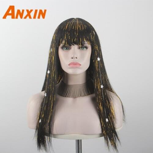 Anxin Women Star Color Interlacing Long Straight Hair High Temperature Silk Chemical Fiber Synthetic Wig Party Party Wig