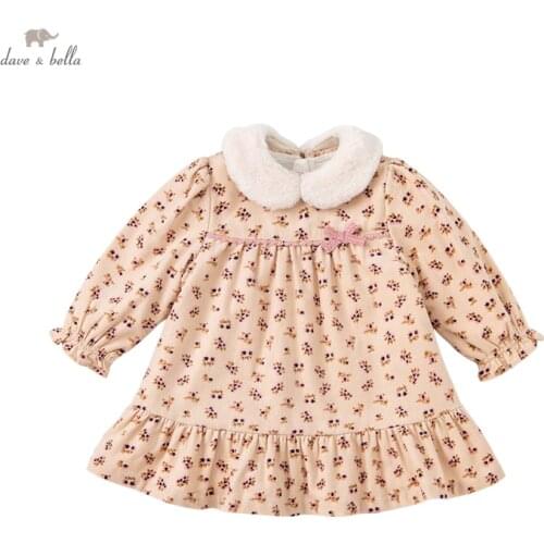 DBM19455 dave bella winter baby girls cute bow floral draped dress children fashion party dress kids infant lolita clothes