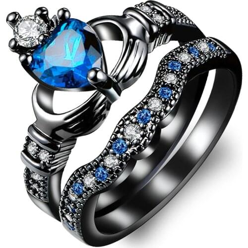 Heart-shaped Blue Crystal Double Ring Fashion Personality Ladies Jewelry Wedding Ring