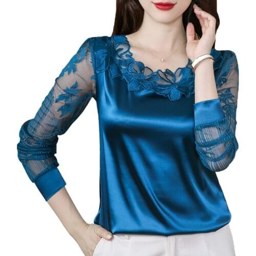 M-4XL Elegant Long sleeve Lace shirt Stitching Satin blouse Fashion Women Flower Pullover Tops Plus Size Clothing