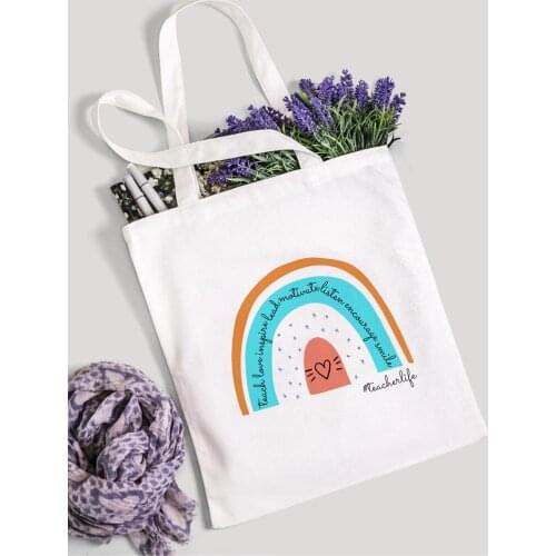 Teach Love Inspire Rainbow Women Canvas Tote Shopping Bag Teacher Life Reusable Eco Shopper Shoulder Bag Book Bag Fashion Gift